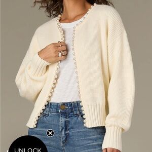 Wit and wisdom LONG SLEEVE ROUND NECK PETITE SWEATER CARDIGAN WITH PEARL BEADED